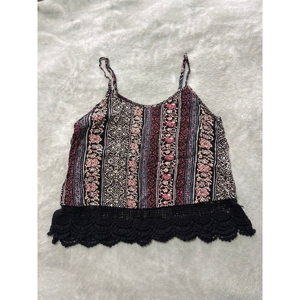 Boho floral tank top crochet lace hem Y2K millennial stripes spaghetti straps